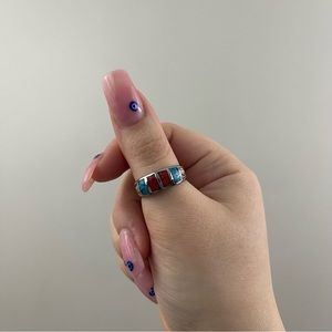 Vintage Coral Red Turquoise Blue Stone Color Block Thick Band Statement Ring